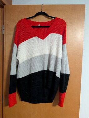 Colorblock V-Neck Sweater - Red, Gray, Black